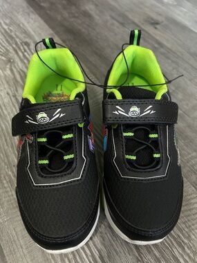 Kids Black Sneakers with Neon Green Lining and Easy Hook-and-Loop Closure